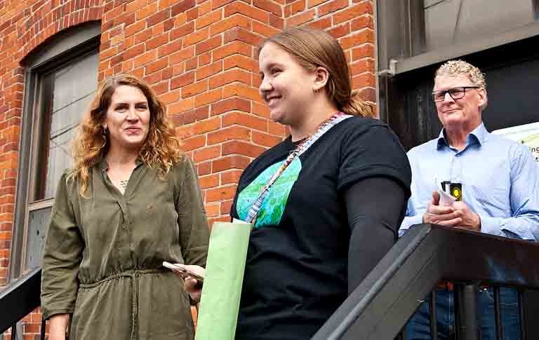 Organizer Grace Long flanked by Ellen Field and Mayor Steve Clarke