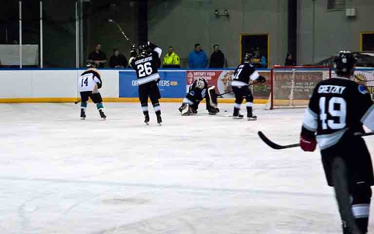 Mike Krushelnyski celebrating a wobbly net, saving a goal by the OPP from hitting the scoreboard.