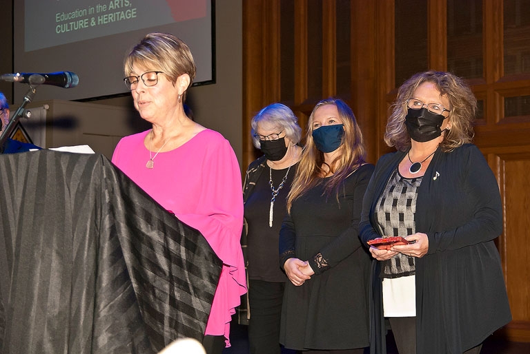Education Award Winners - Gayle Wells (at mic) and Sherry McKinnon (far right) of the Orillia Music Centre