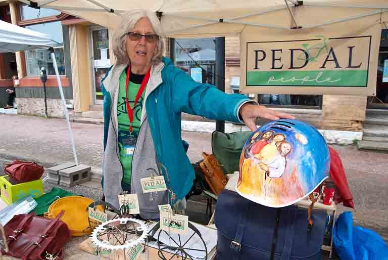 Jane Sorenson and Kathy Manners launched a new company Saturday, selling accessories for bikers, including an original painted helmet by Paul Shilling.