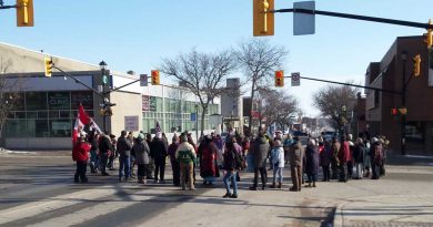 Protesters in downtown Orillia Saturday showing support for the Wet’suwet’en .